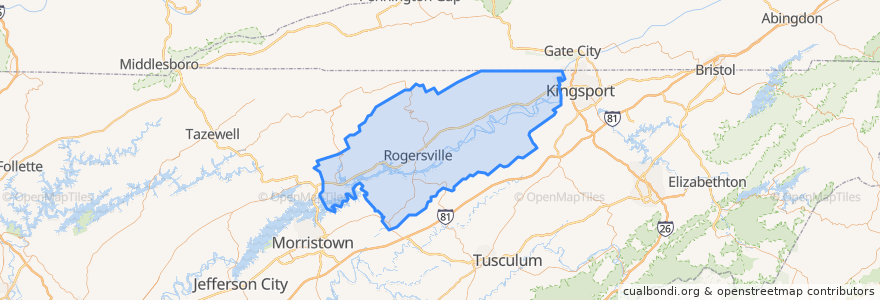 Mapa de ubicacion de Hawkins County.