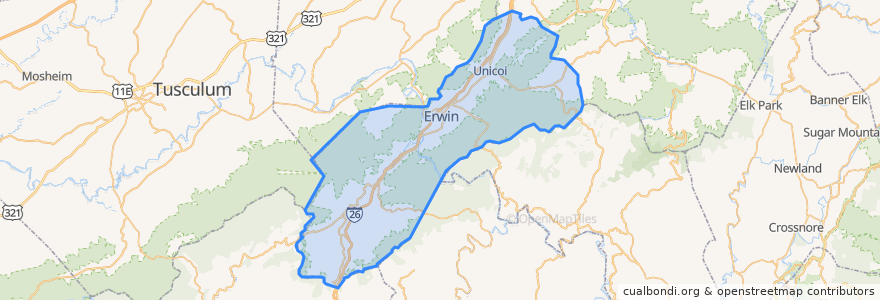 Mapa de ubicacion de Unicoi County.