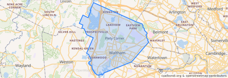 Mapa de ubicacion de Waltham.