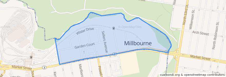 Mapa de ubicacion de Millbourne.
