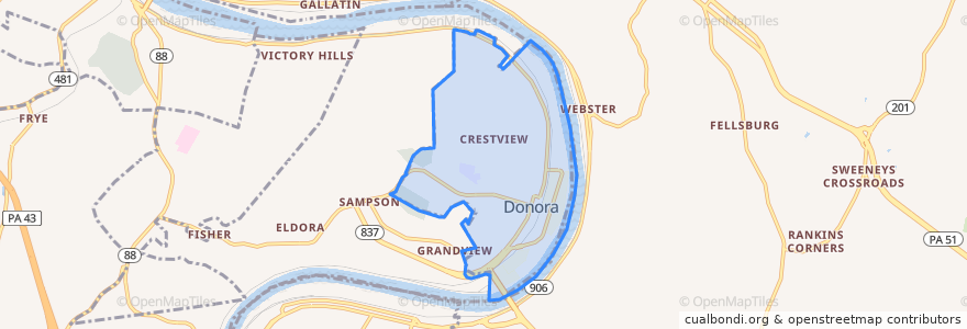 Mapa de ubicacion de Donora.