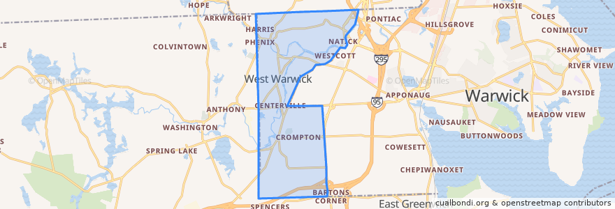 Mapa de ubicacion de West Warwick.