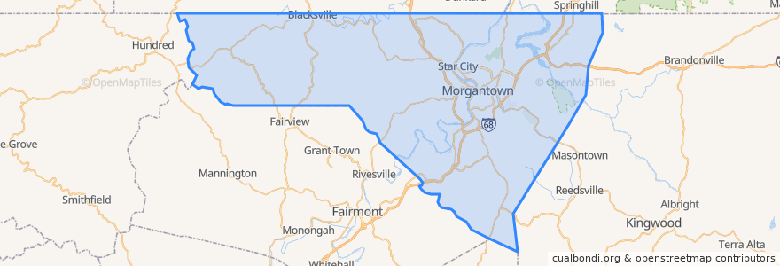 Mapa de ubicacion de Monongalia County.