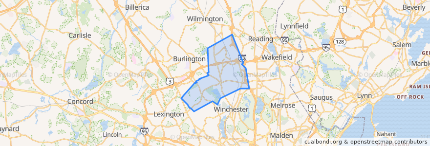 Mapa de ubicacion de Woburn.