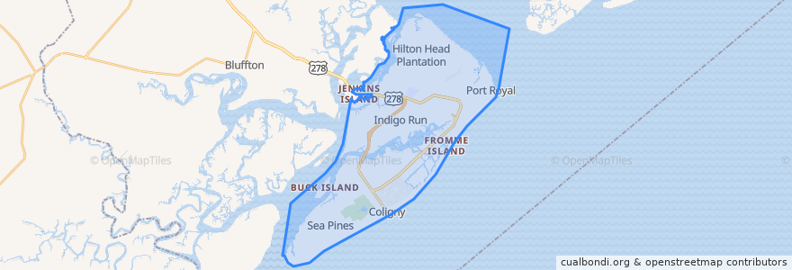 Mapa de ubicacion de Hilton Head Island.