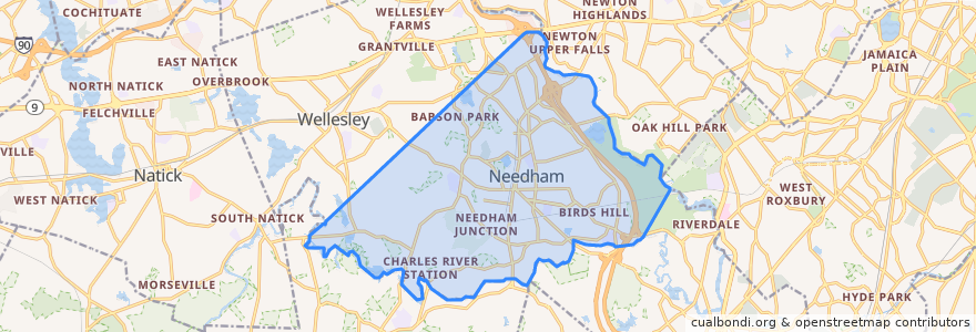 Mapa de ubicacion de Needham.