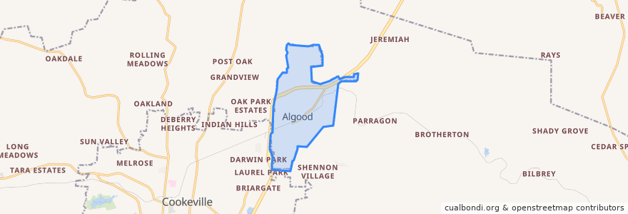 Mapa de ubicacion de Algood.