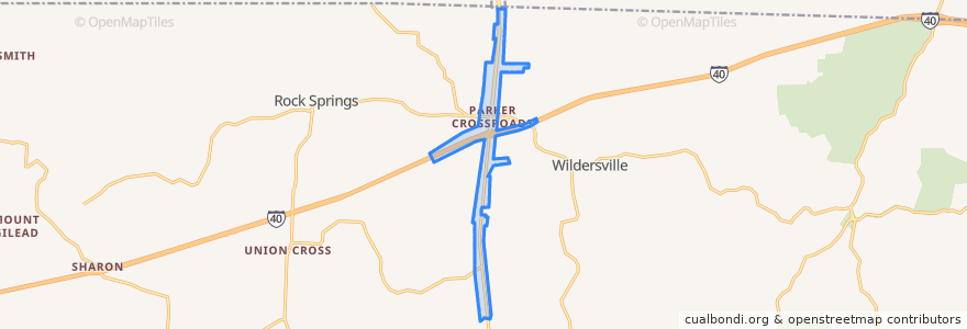 Mapa de ubicacion de Parkers Crossroads.