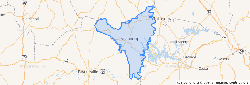 Mapa de ubicacion de Lynchburg, Moore County.