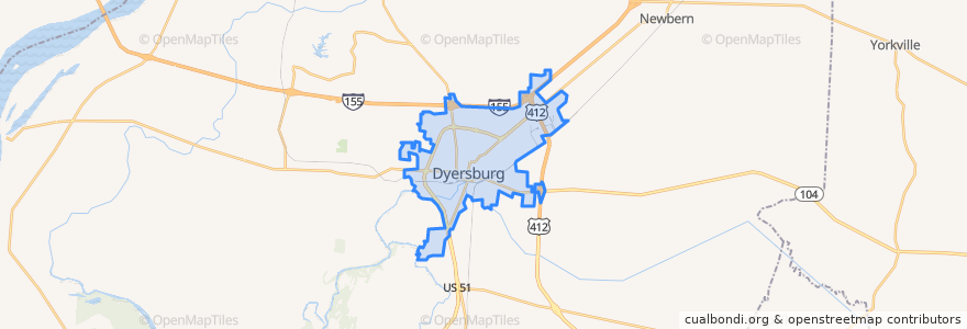 Mapa de ubicacion de Dyersburg.