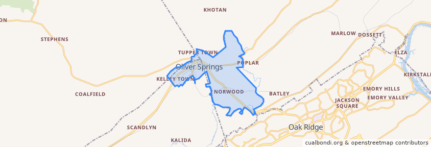 Mapa de ubicacion de Oliver Springs.