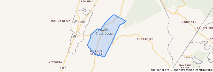Mapa de ubicacion de Powells Crossroads.
