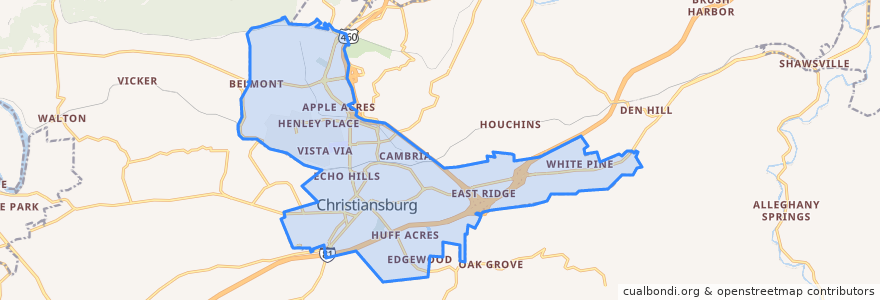 Mapa de ubicacion de Christiansburg.