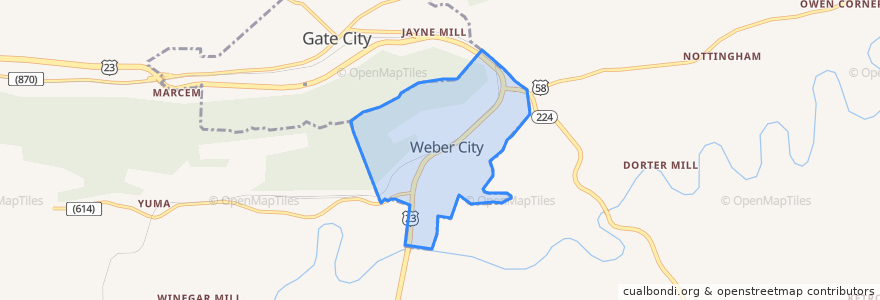 Mapa de ubicacion de Weber City.