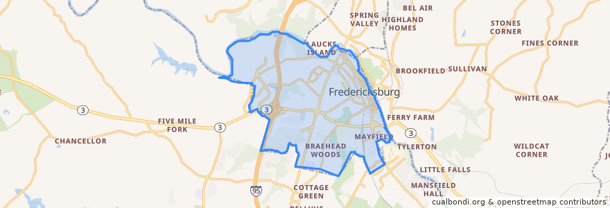 Mapa de ubicacion de Fredericksburg.