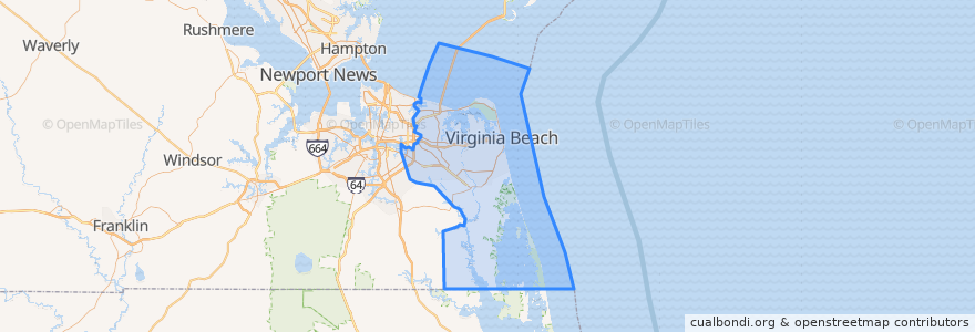 Mapa de ubicacion de Virginia Beach.