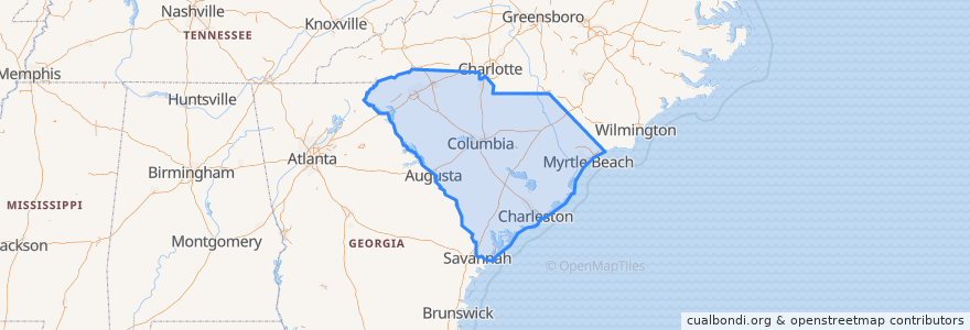 Mapa de ubicacion de South Carolina.