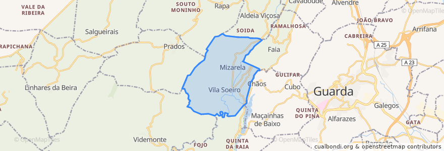 Mapa de ubicacion de Mizarela, Pêro Soares e Vila Soeiro.