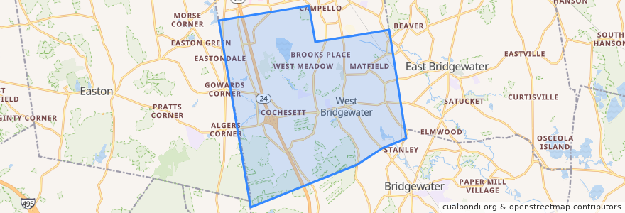 Mapa de ubicacion de West Bridgewater.