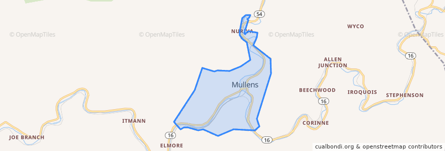 Mapa de ubicacion de Mullens.