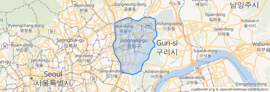 Mapa de ubicacion de 중랑구.