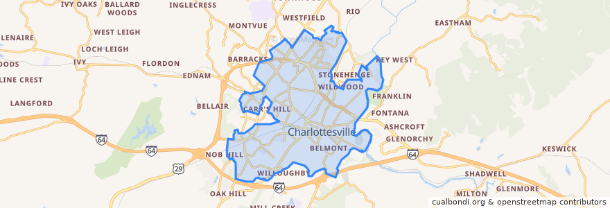 Mapa de ubicacion de Charlottesville.