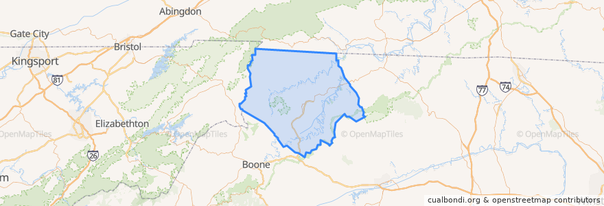 Mapa de ubicacion de Ashe County.