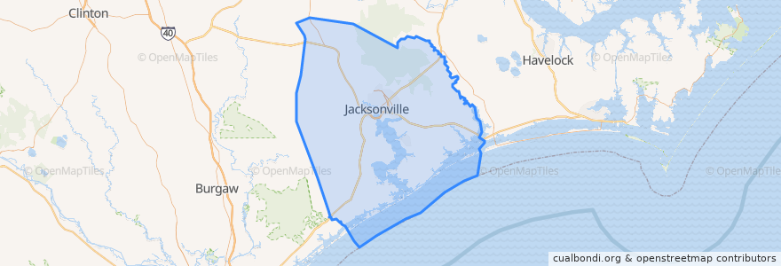 Mapa de ubicacion de Onslow County.