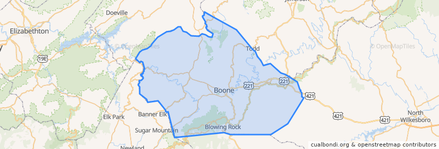 Mapa de ubicacion de Watauga County.