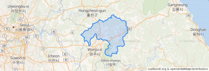 Mapa de ubicacion de 횡성군.