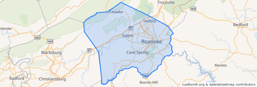 Mapa de ubicacion de Roanoke County.