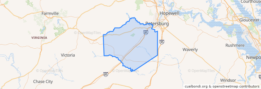 Mapa de ubicacion de Dinwiddie County.