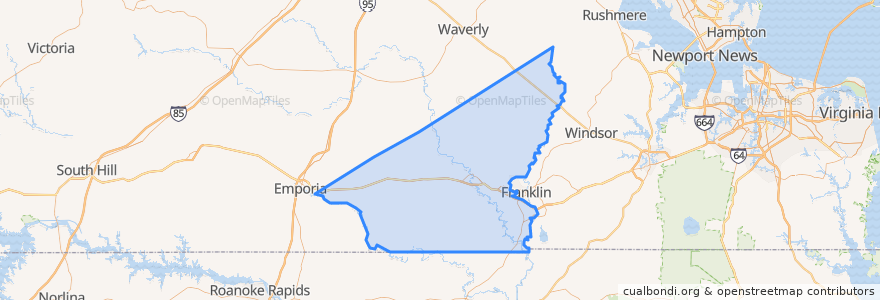 Mapa de ubicacion de Southampton County.