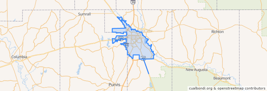 Mapa de ubicacion de Hattiesburg.