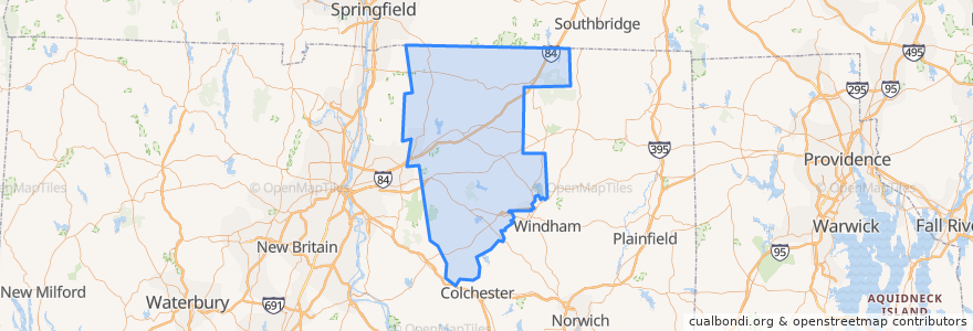 Mapa de ubicacion de Tolland County.