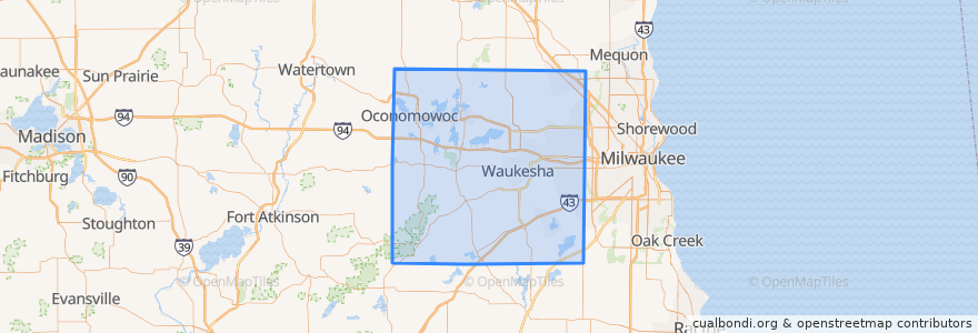 Mapa de ubicacion de Waukesha County.