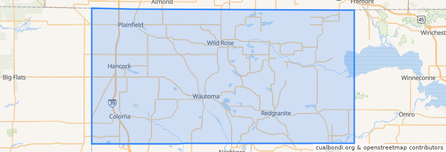 Mapa de ubicacion de Waushara County.