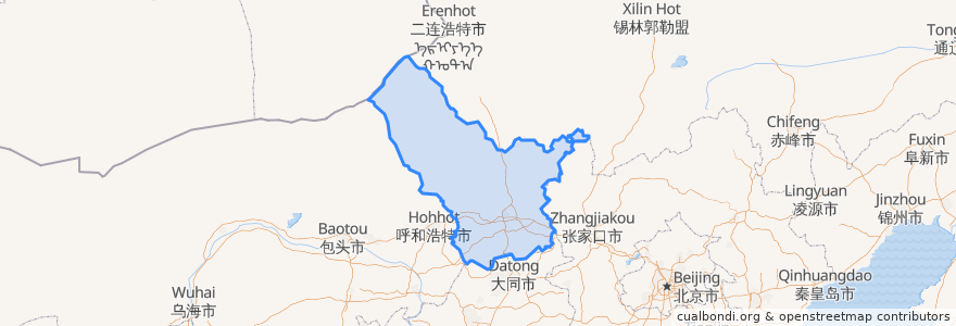 Mapa de ubicacion de 乌兰察布市 ᠤᠯᠠᠭᠠᠨᠴᠠᠪ ᠬᠣᠲᠠ.