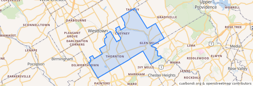 Mapa de ubicacion de Thornbury Township.