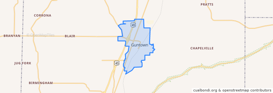 Mapa de ubicacion de Guntown.