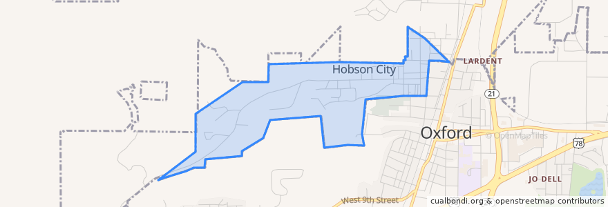 Mapa de ubicacion de Hobson City.