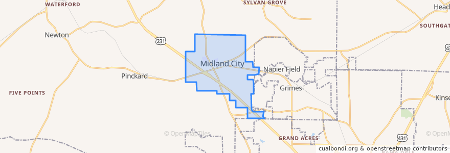 Mapa de ubicacion de Midland City.