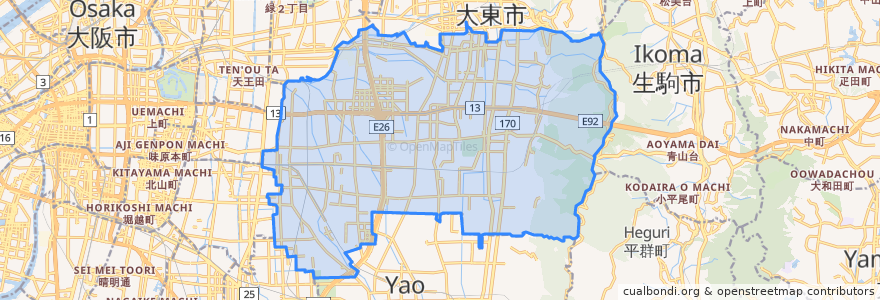 Mapa de ubicacion de 東大阪市.