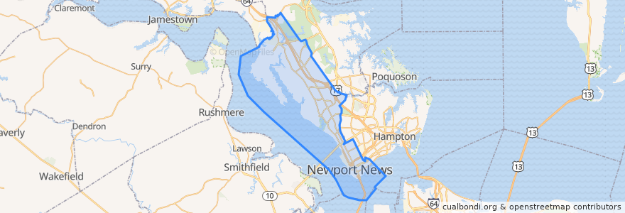 Mapa de ubicacion de Newport News City.