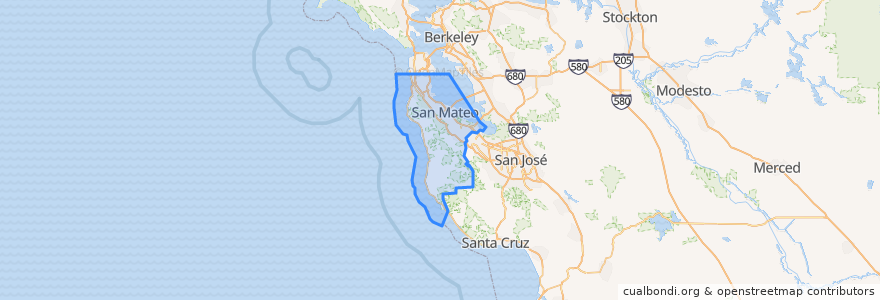 Mapa de ubicacion de San Mateo County.