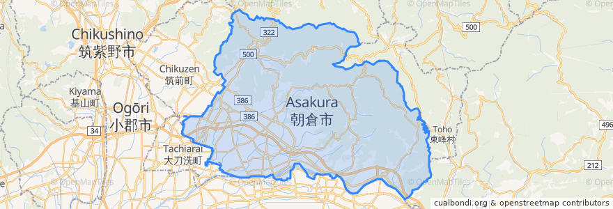 Mapa de ubicacion de 朝倉市.