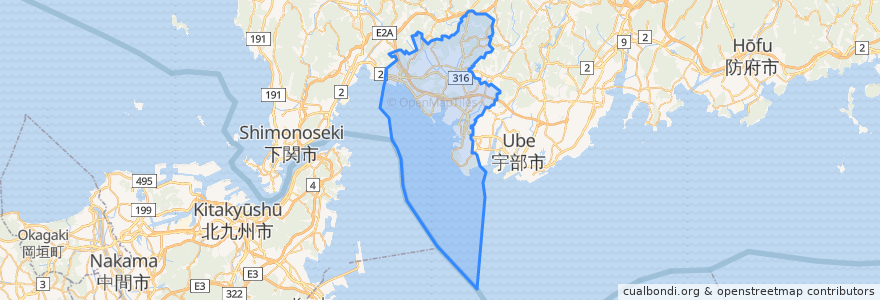 Mapa de ubicacion de 山陽小野田市.