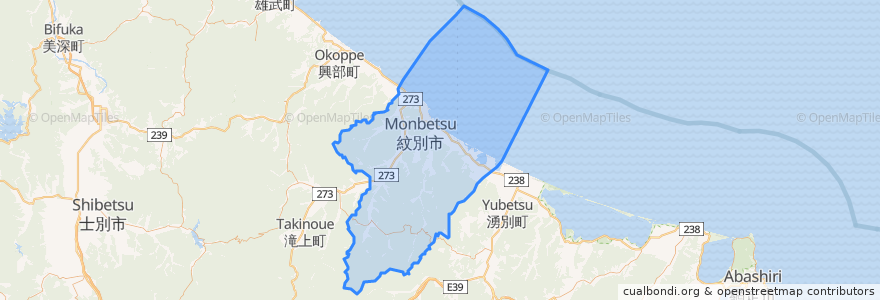 Mapa de ubicacion de 紋別市.