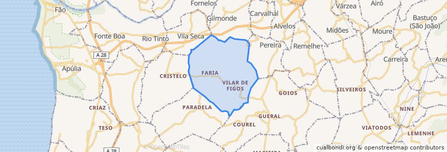 Mapa de ubicacion de Milhazes, Vilar de Figos e Faria.