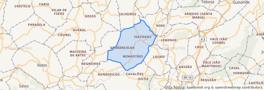 Mapa de ubicacion de Viatodos, Grimancelos, Minhotães e Monte de Fralães.